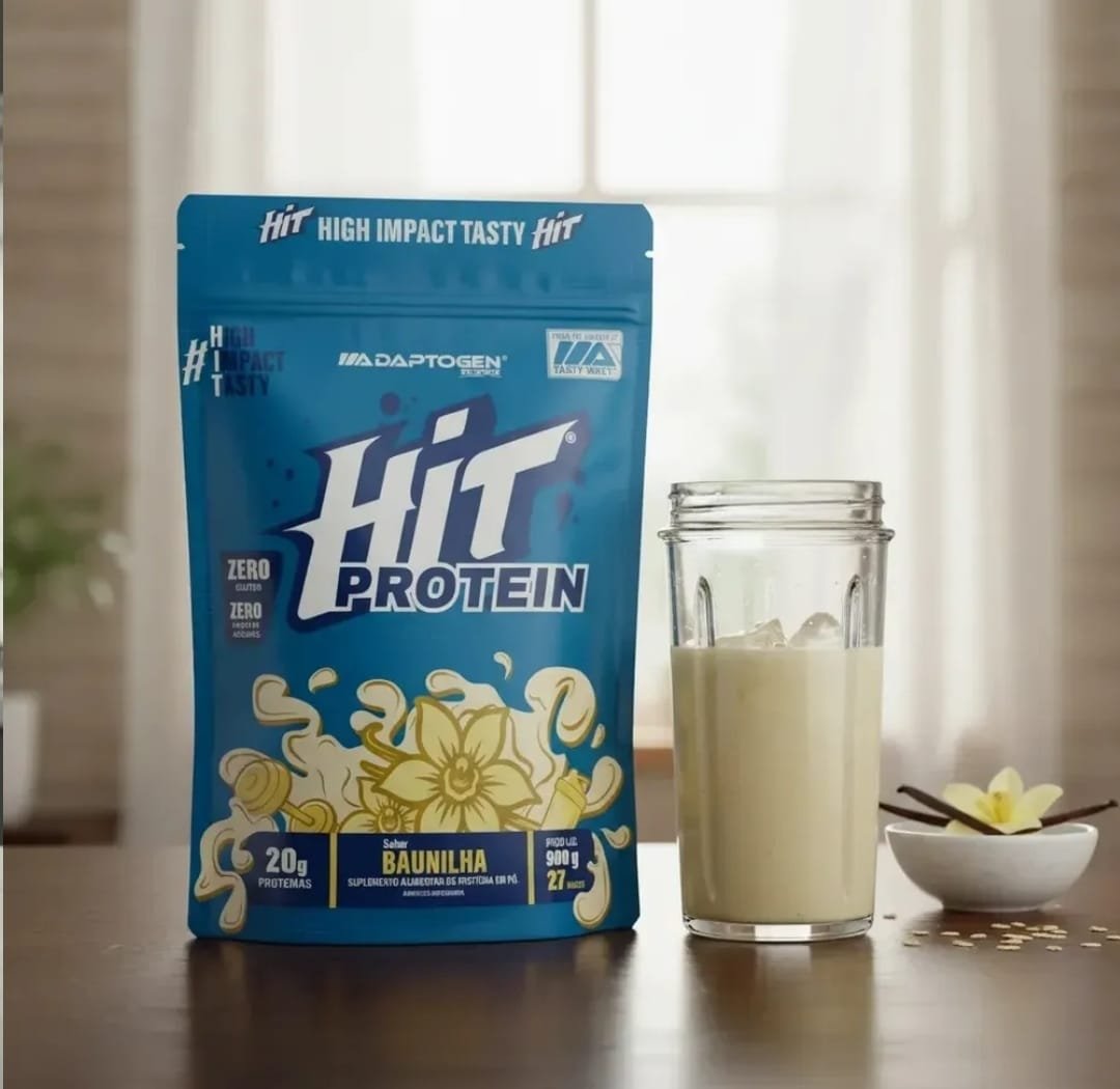 Suplemento Hit Protein Adaptogen Science sachê 900g Whey Protein Zero Gluten Zero açucar Sabor Baunilha