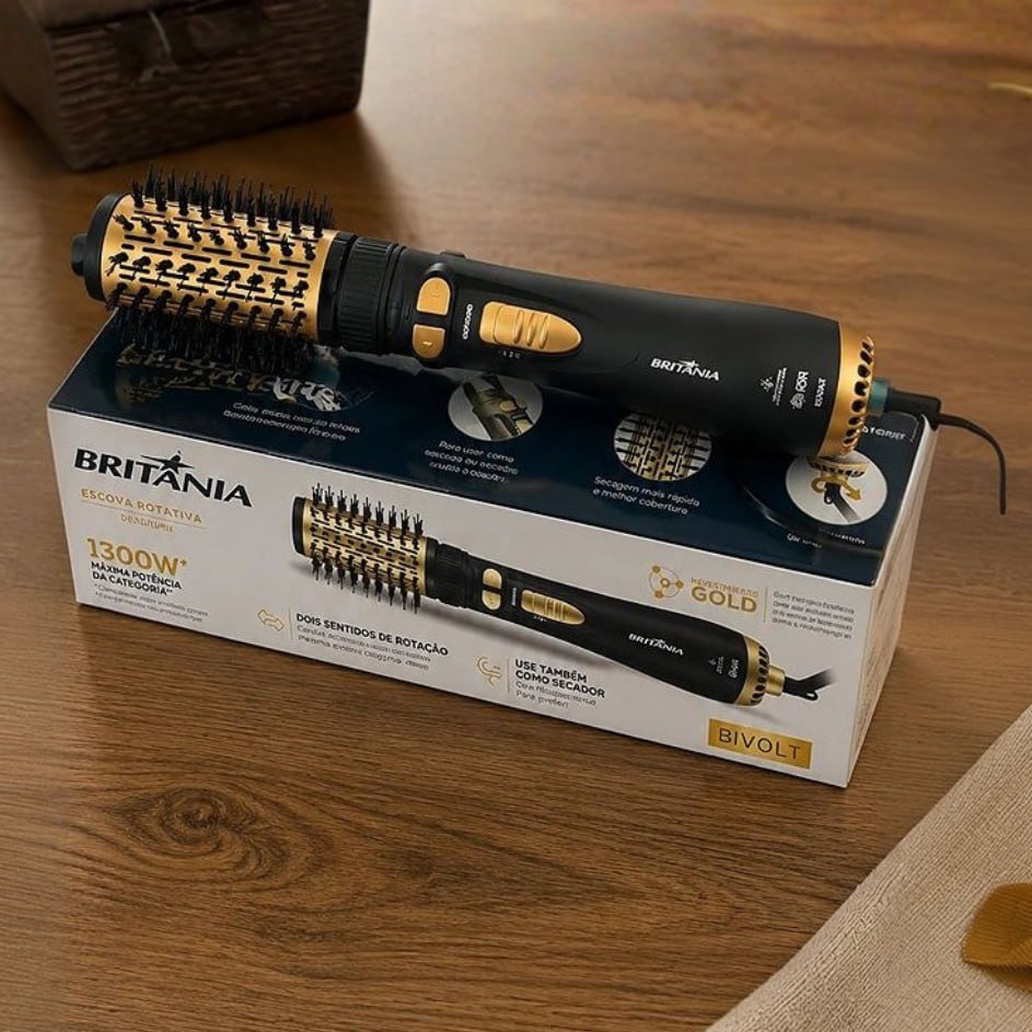 Escova Rotativa Britânia Ber20pd 3 Temperaturas Cor Preto e Dourado