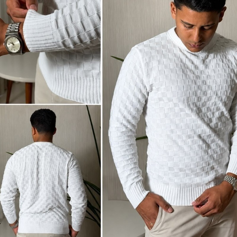 Suéter Masculino Lã Tricot Manga Longa Xadrez Blusa De Frio (P ao GG)