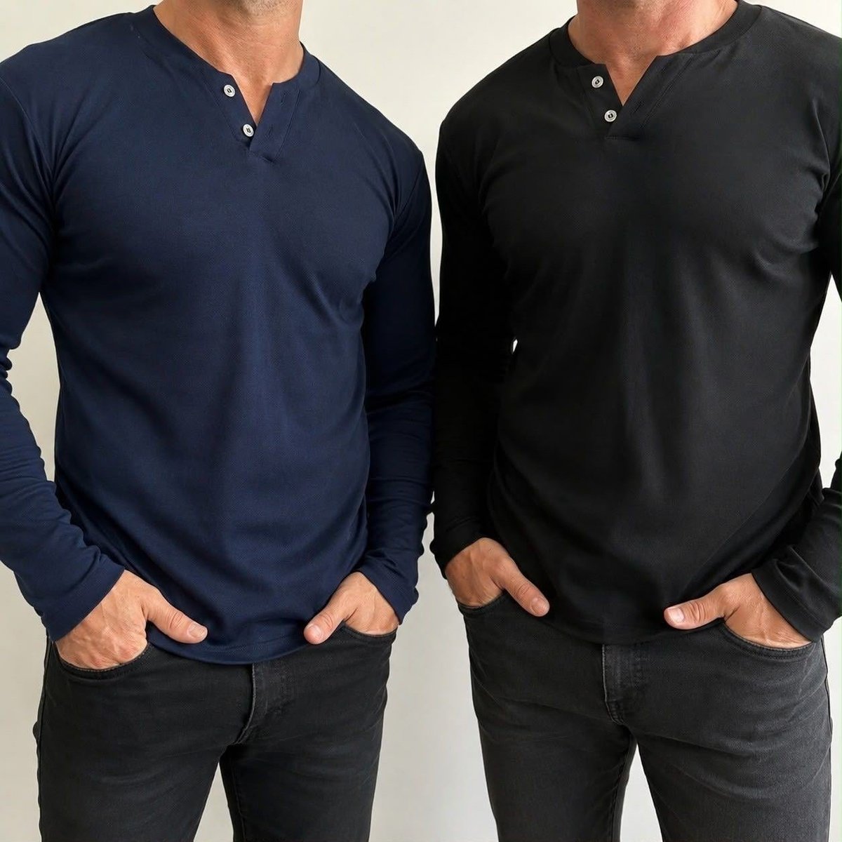 Kit 2 Camiseta Henley Masculina Manga Longa Slim 2 Botões (P ao GG)