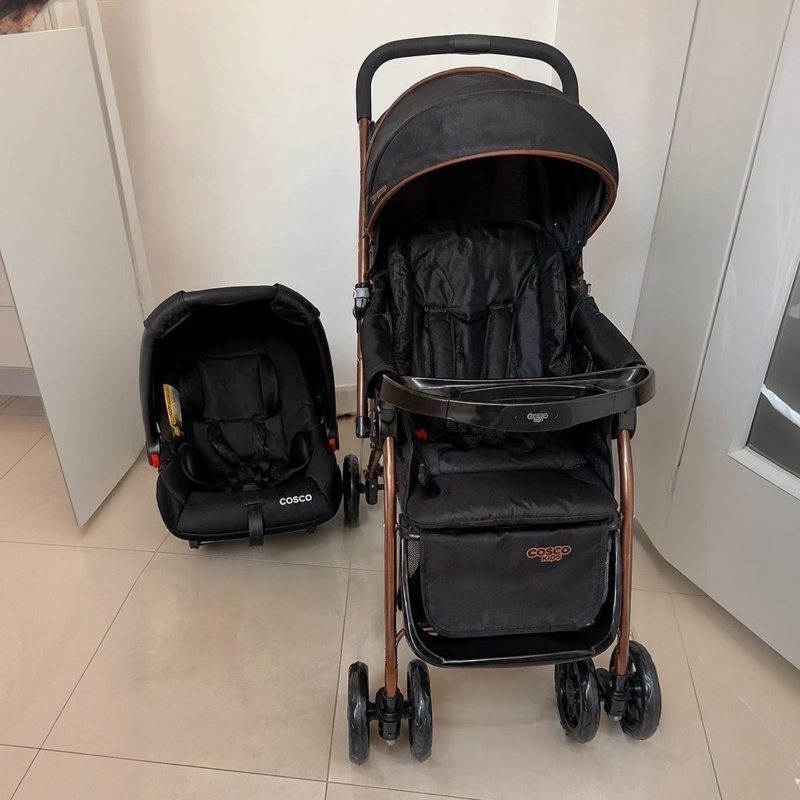 Conjunto Travel System Reverse DUO Preto Bronze, Carrinho de Bebê + Bebe Conforto Cosco Kids