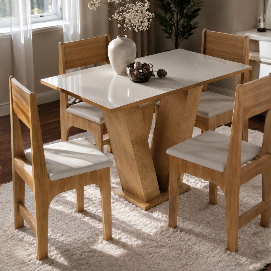 Conjunto de Jantar Vivi com 4 Cadeiras Estofadas, Mesa Retangular Tampo Branco Off e Base Mel