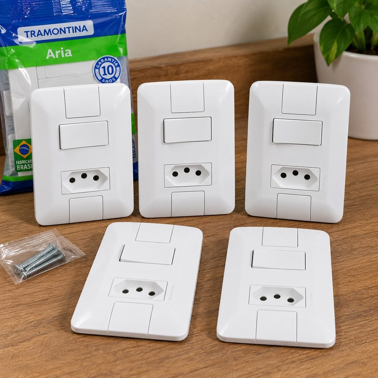 Kit 5 Conjunto 1 Interruptor + 1 Tomada 10a Tramontina Aria