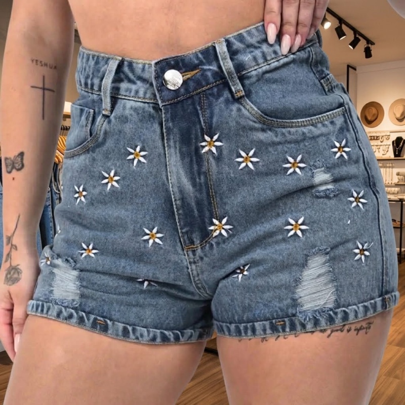 Short Jeans Mom Feminino Boyfriend Bordado Cintura Alta 100%