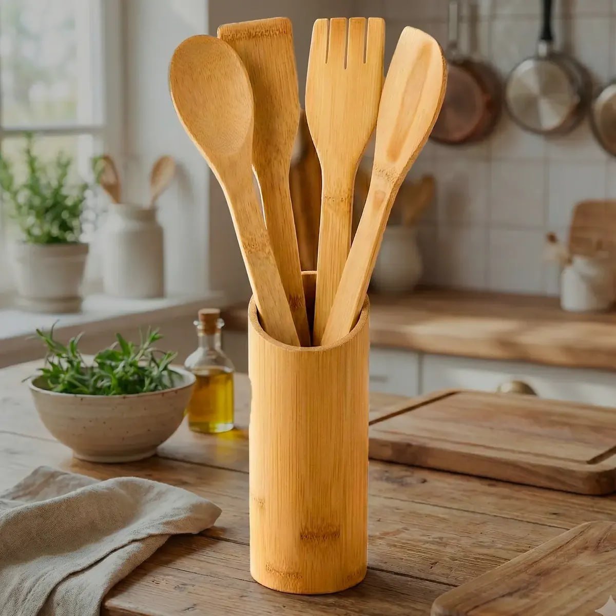 Conjunto Talheres Bambu 5 Peças Pau Colher Garfo Espátulas