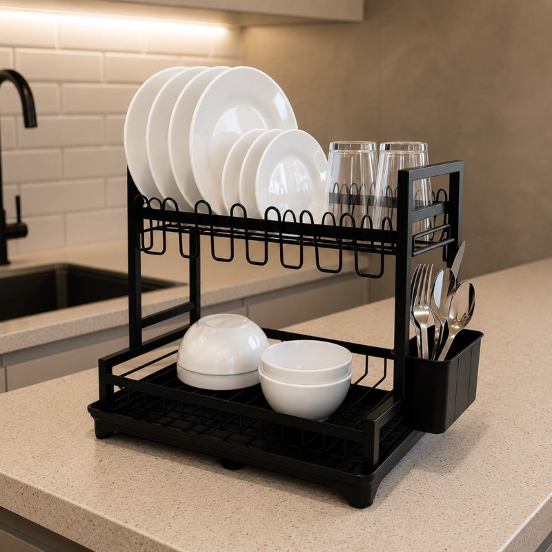 Escorredor De Louça Inox Porta Talheres Prato Copos 2 Andar Preto - BrinqLar