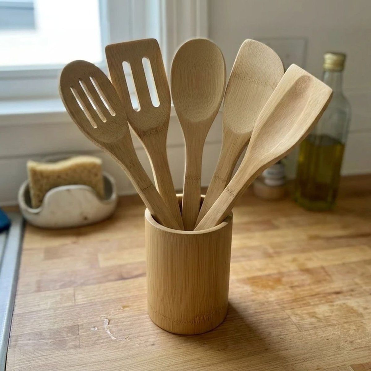 Kit Utensílios de Cozinha Bambu 5 Peça c/Suporte