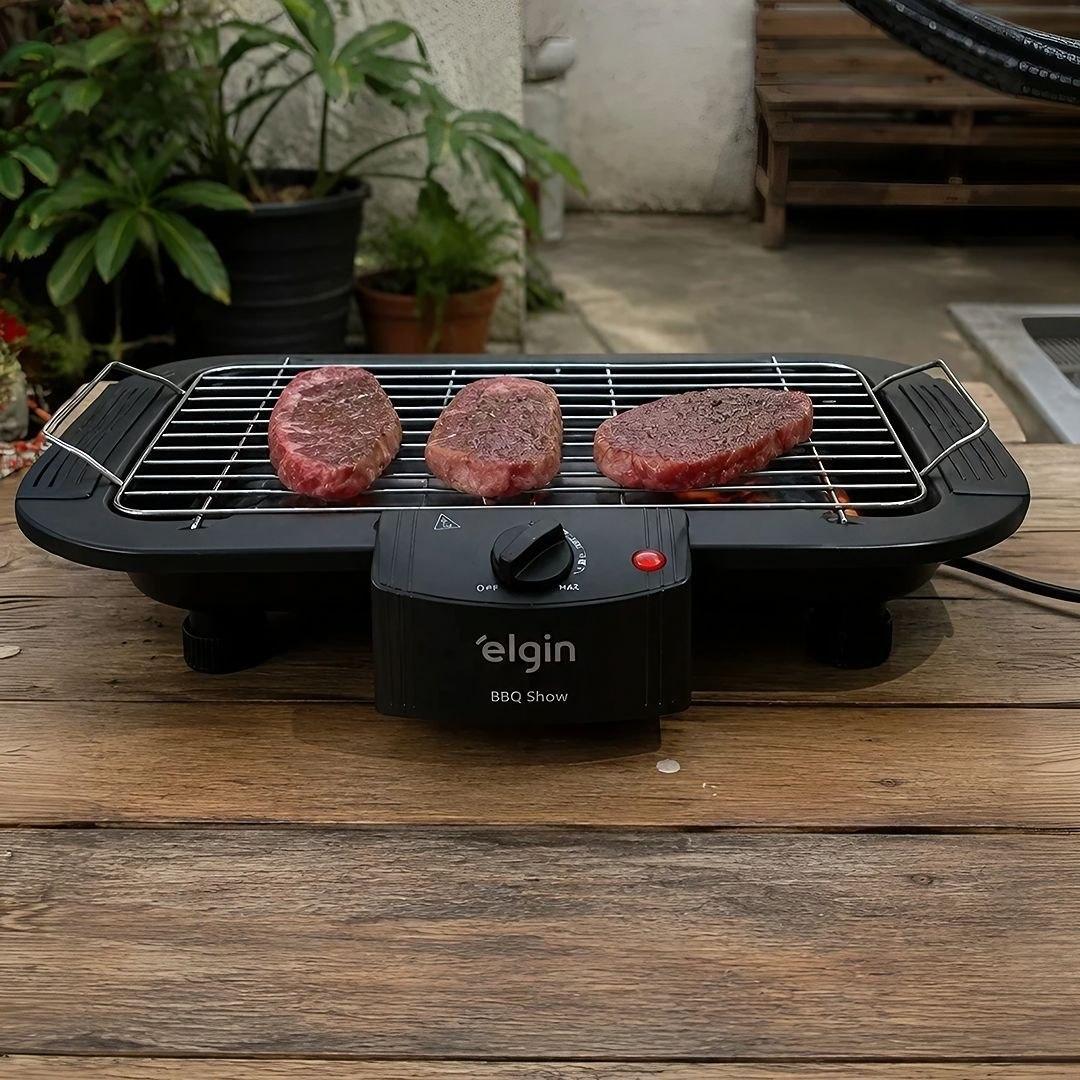 Churrasqueira Elétrica De Mesa Bbq Show Elgin 110V Com controle de temperatura, bandeja anti-fumaça e grelha removível