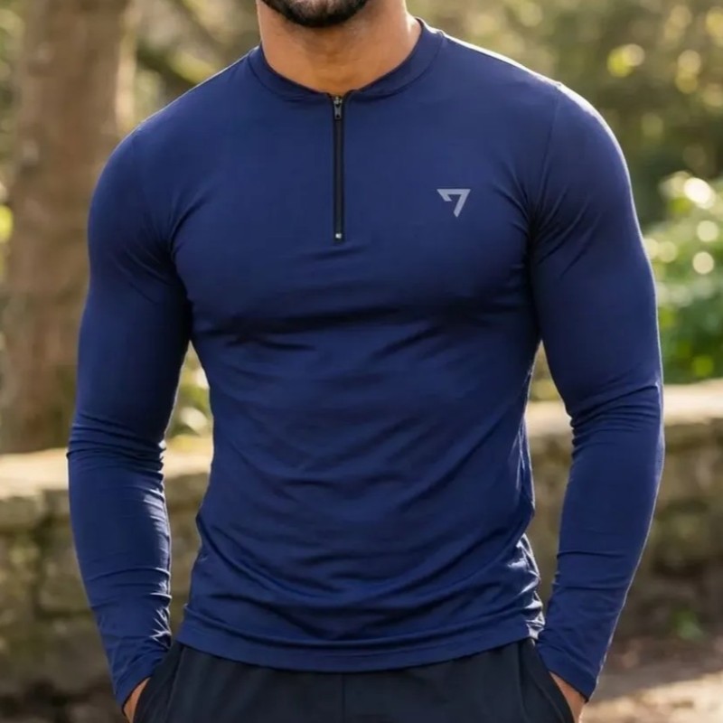 Camisa Térmica Masculina Segunda Pele Manga Longa Com Zíper Azul-marinho (P ao GG)
