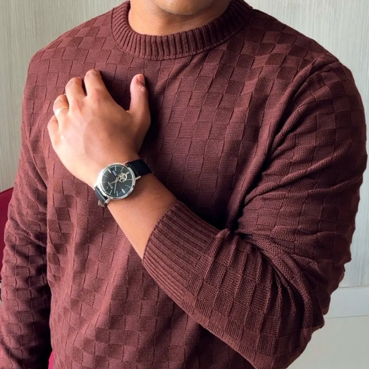 Suéter Masculino Lã Tricot Manga Longa Xadrez Blusa De Frio (P ao GG)