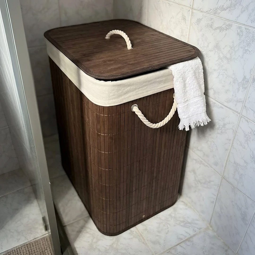 Cesto De Roupa Suja com Alças Em Bambu Com Tampa