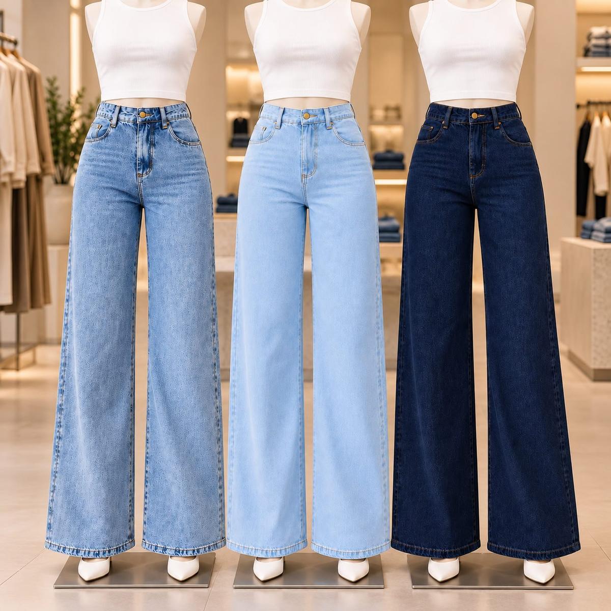 Kit 3 Calças Jeans Pantalona Wide Leg Feminina Cintura Alta