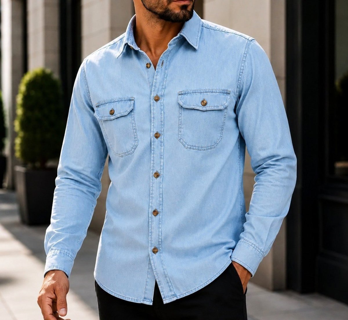 Camisa Jeans Masculina Social Slim Manga Longa