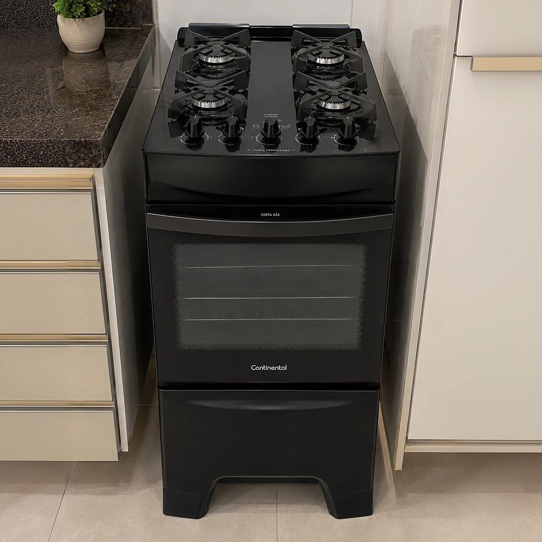 Fogão 4 Bocas Continental Preto Mesa de Vidro, Forno Eco Turbo e Grades Ferro Fundido (FC4GB) - Bivolt