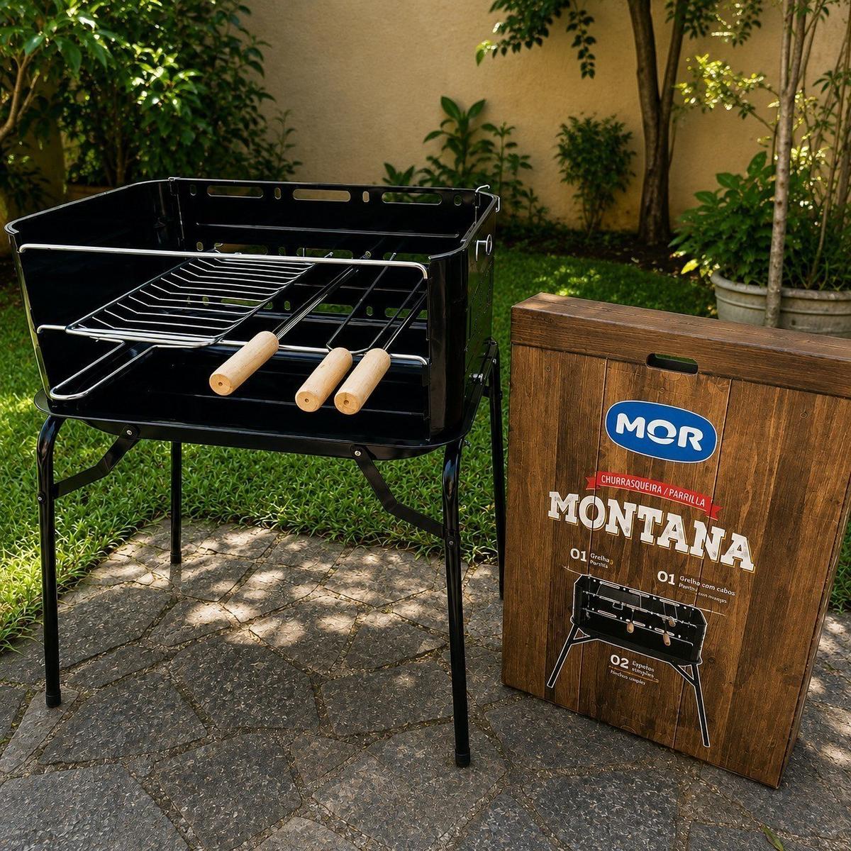 Churrasqueira Móvel Mor Montana 3005 54cmx35cmx64cm - 01 grelha simples - 02 espetos simples - 01 espeto duplo