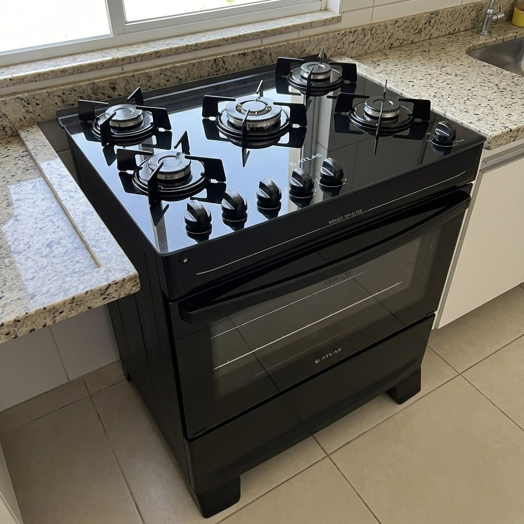 Fogão 5 Bocas Atlas Mônaco Top Glass Automático Mesa De Vidro Preto