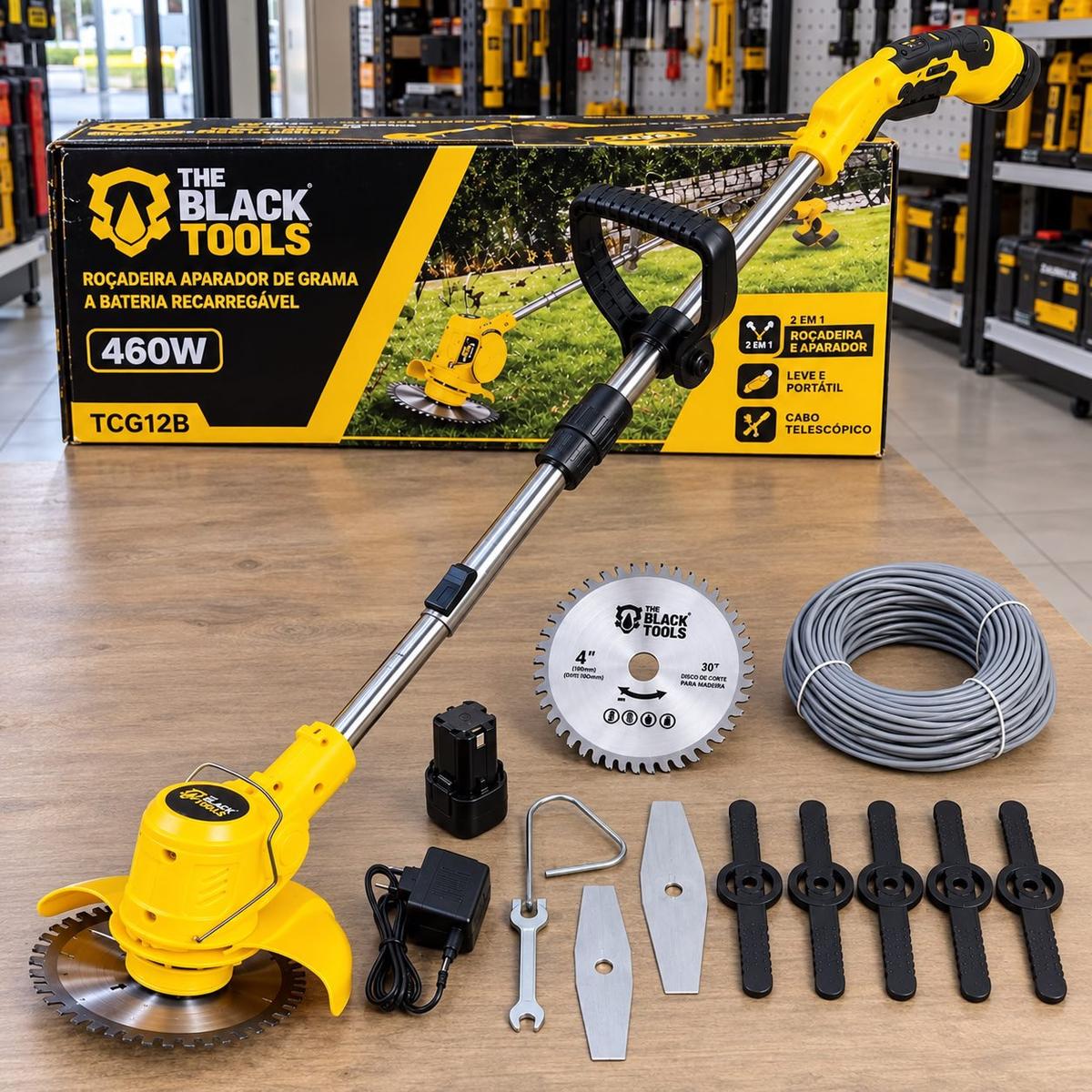 Roçadeira Aparador Grama A Bateria Recarregável 460w Profissional Com Acessórios Tcg12b The Black Tools
