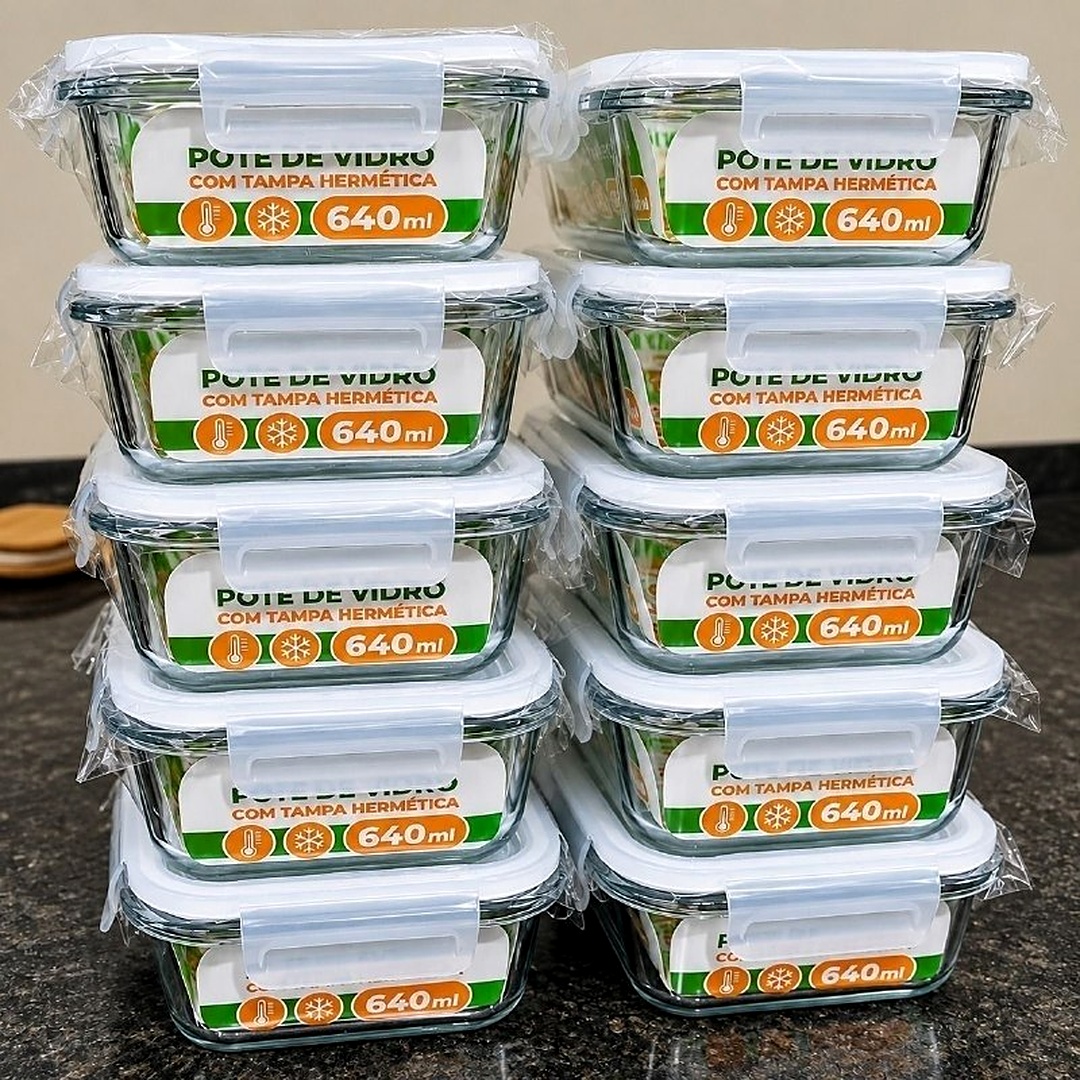 🍱 Kit 10 Potes de Vidro Marmita Hermético 640ml