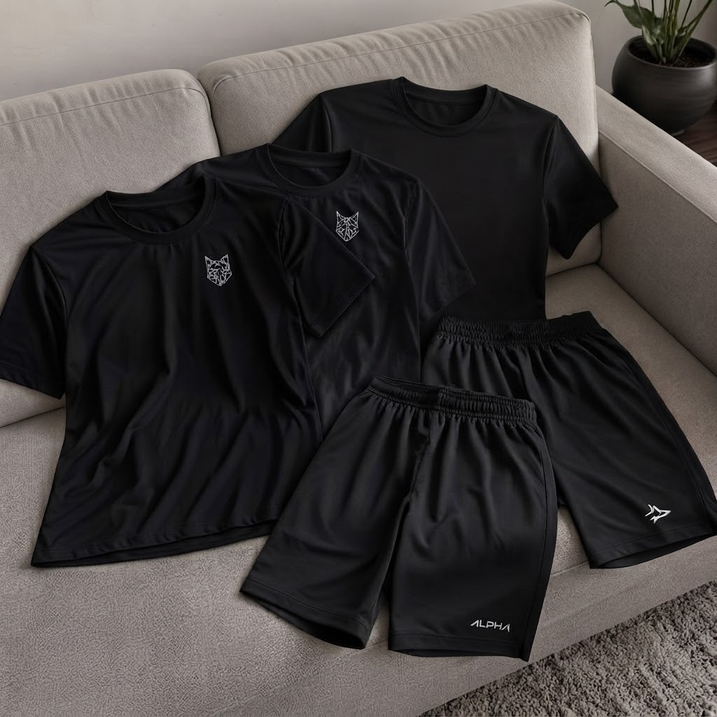 Kit 5 Peças All Black Dry 3 Camisetas E 2 Bermudas Alpha (P ao GG)