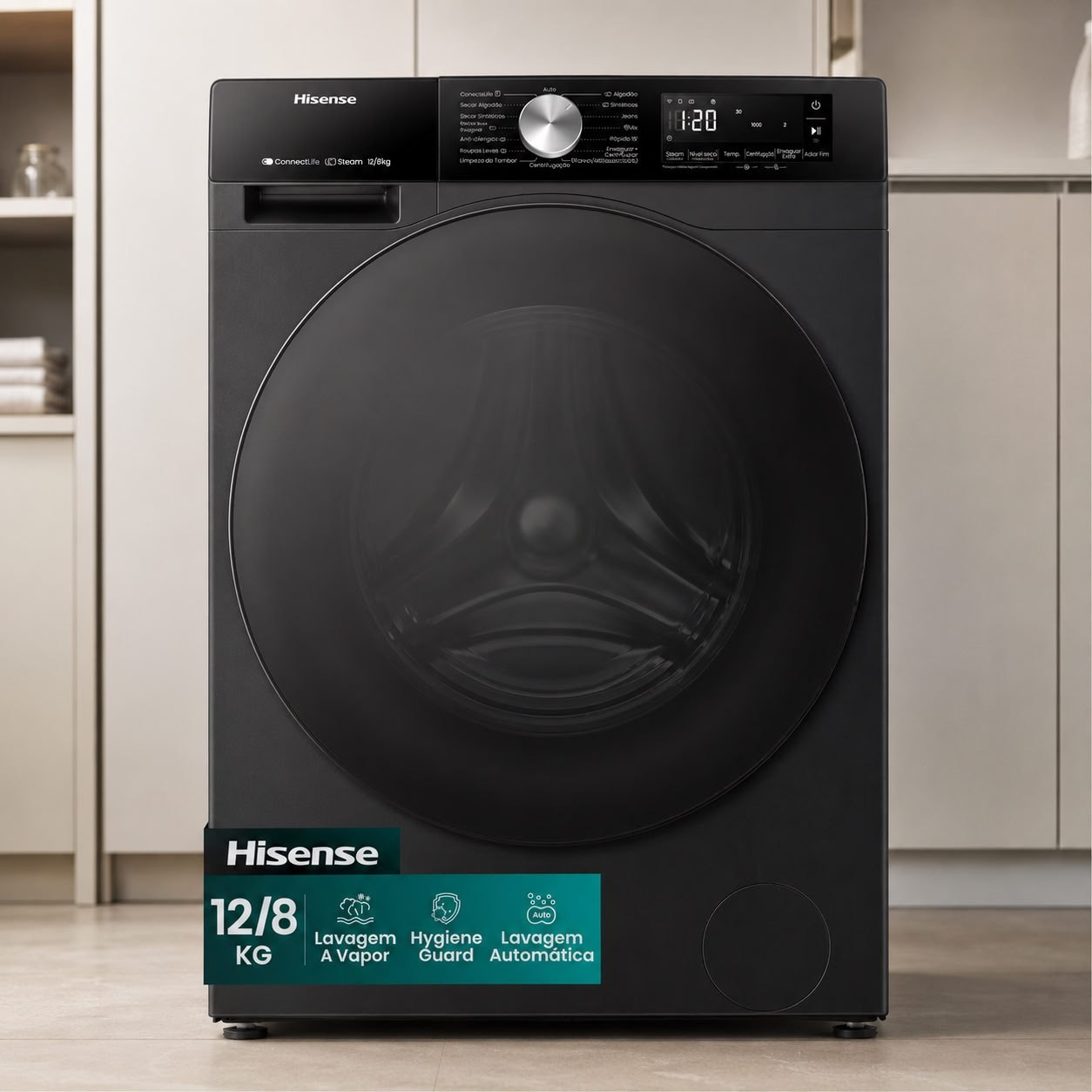 Lava e Seca Hisense 3S Preta Noir 12kg / 8kg Inverter 16 programas 110V com Wi-Fi WD3S1243BB1