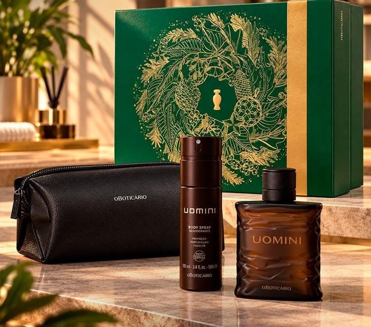 Presente Uomini - O Boticário, Colônia Eau de Toilette 100ml, Body Spray Desodorante 100ml e Nécessaire Masculina Premium ​