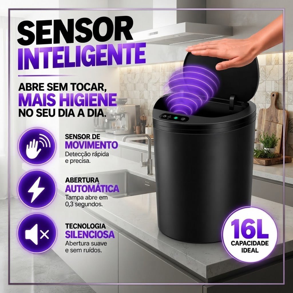 Lixeira Inteligente Automática Redonda Recarregável USB‐C Sensor