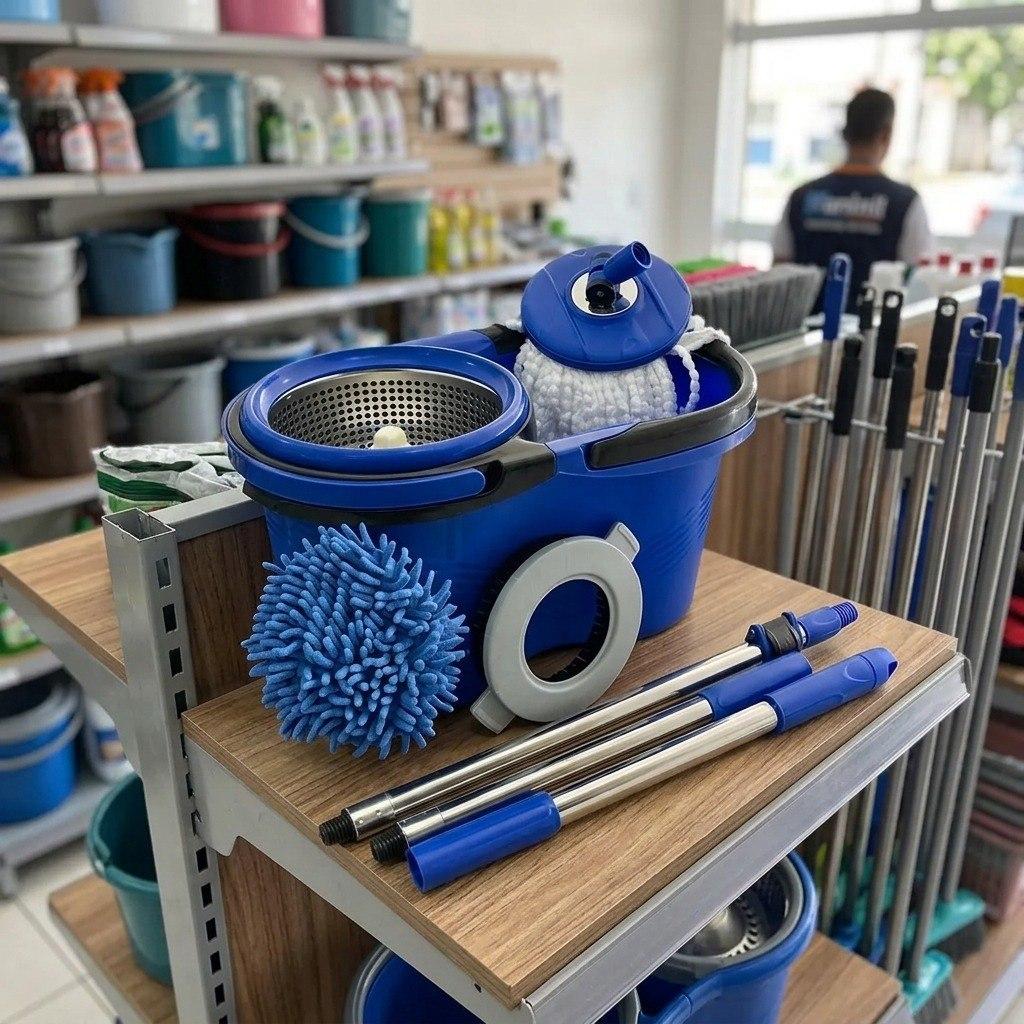 Esfregão Perfect Pro Mop 360° Balde Inox Cabo Longo Microfibra 16L