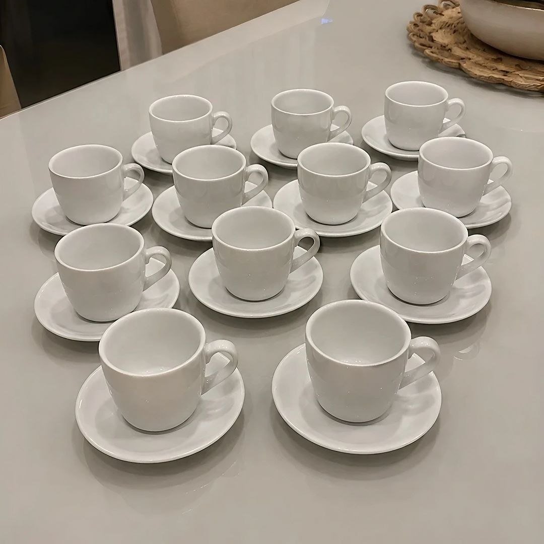 Jogo Xícaras Café Com Pires Porcelana Branca 12 Peças