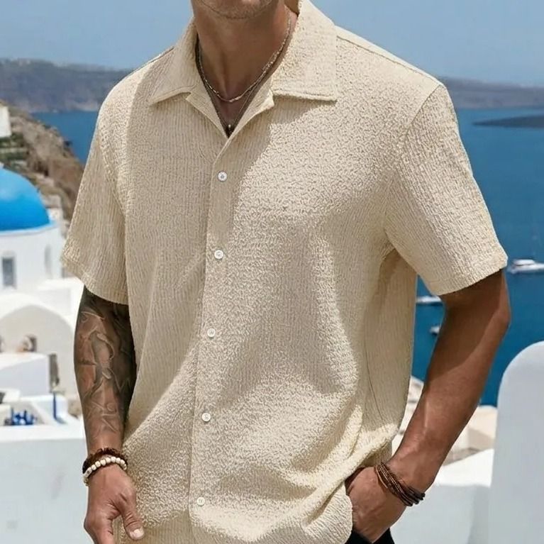 Camisa Casual Masculina Texturizada C/botões Old Money Bege (P ao GG)