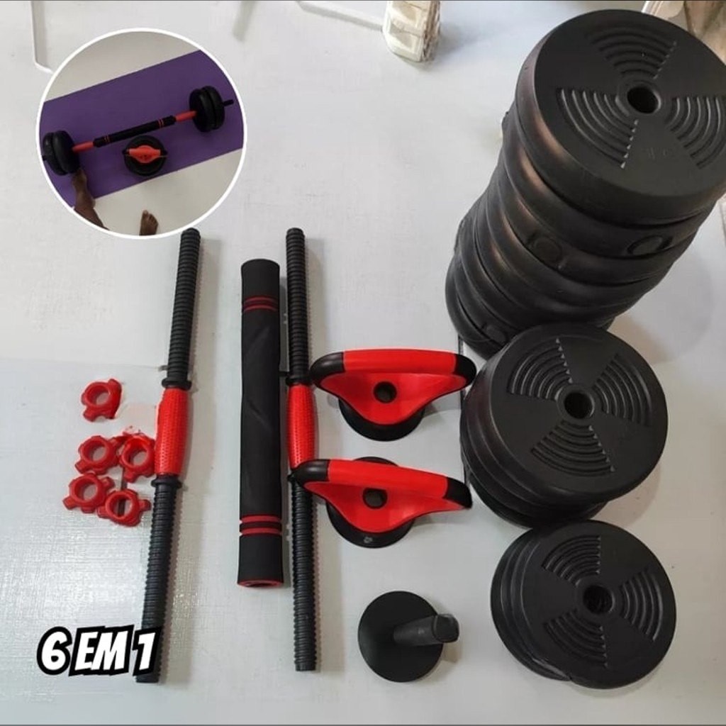 Kit Halteres Ajustável 6 em 1 15kg Multifuncional com Barra, Kettlebell e Suporte para Flexões | Musculação Completa para Casa