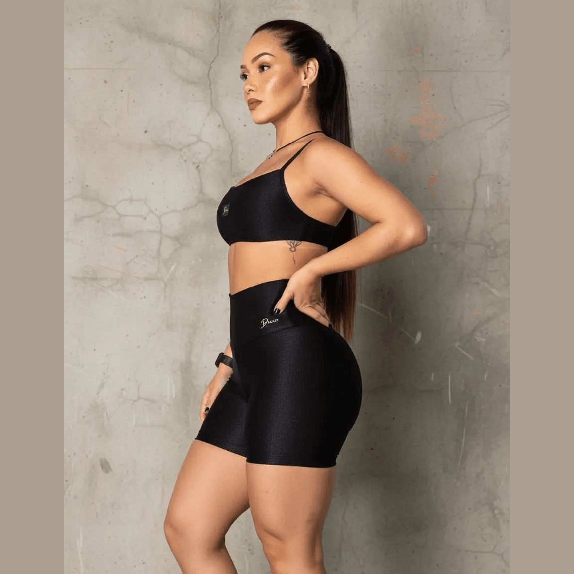 Conjunto Esportivo Feminino Diasp Academia Canelado Brilho Preto Microcanelado
