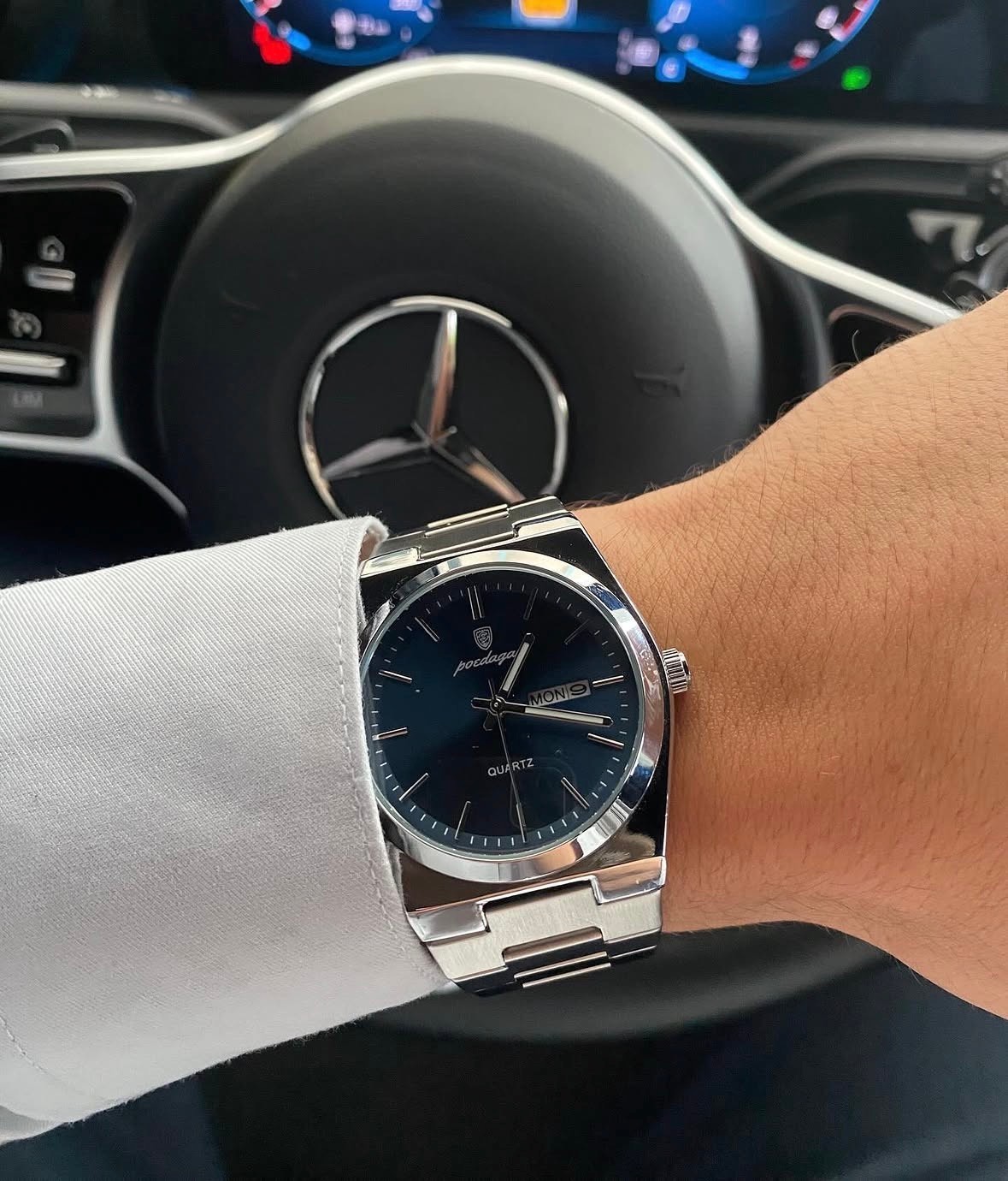 Relógio Poedagar Suiço Masculino Aço Inox Old Money C/caixa Prateado Azul