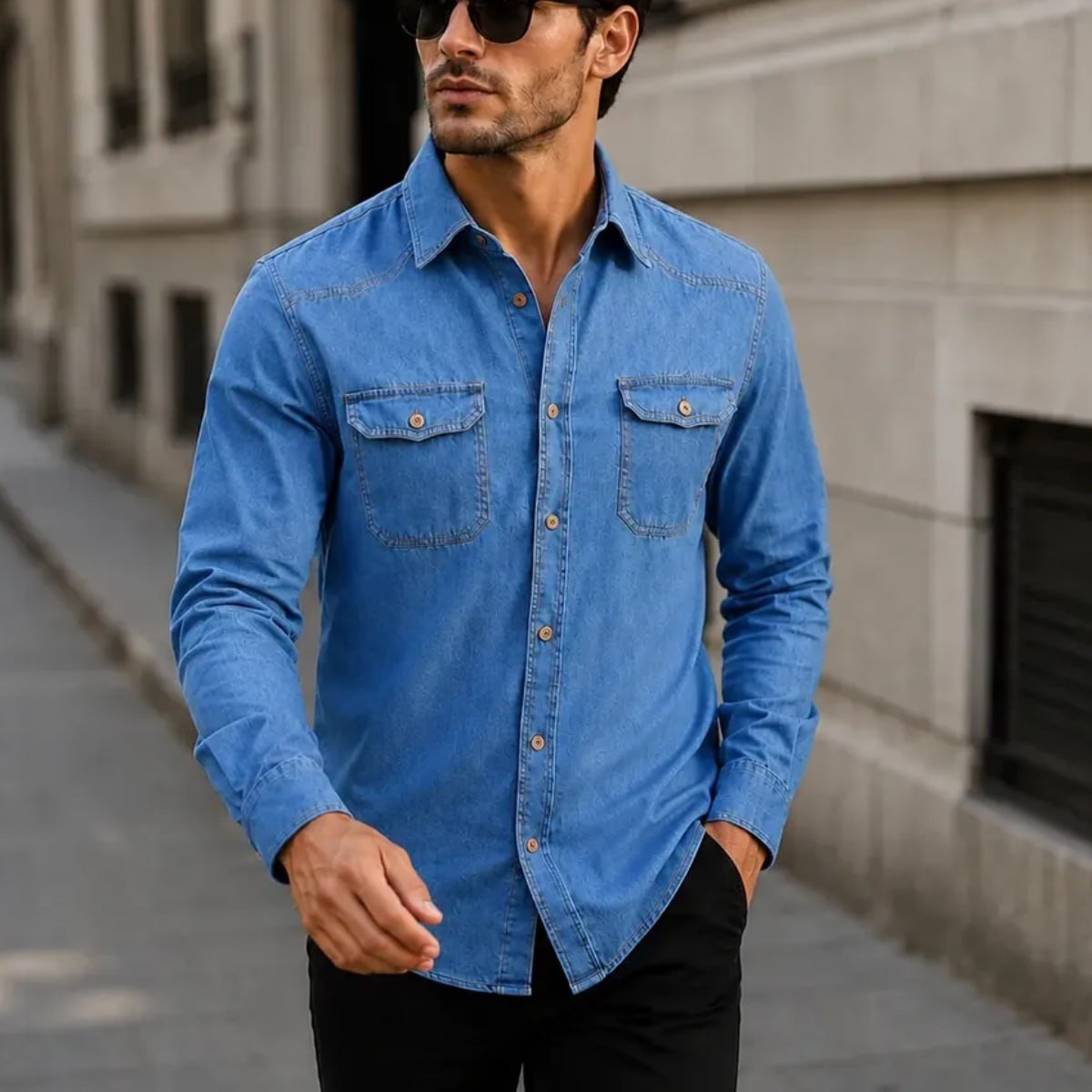Camisa Jeans Masculina Social Slim Manga Longa
