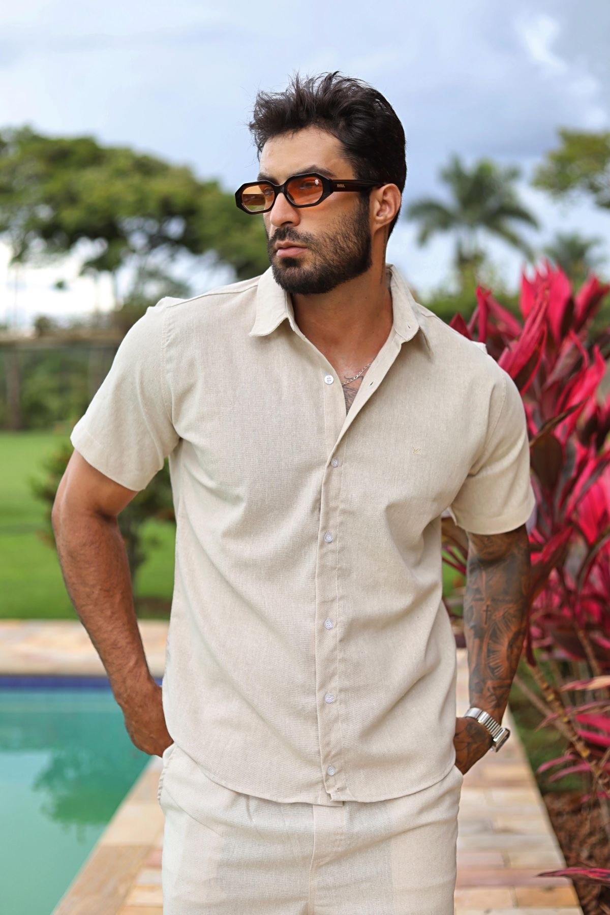 Camisa Manga Curta Viscose Old Money Confortavel Bege Liso M