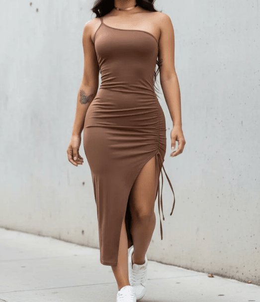 Vestido Midi Mula Manca Com Fenda Suplex Um Ombro Só