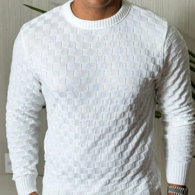 Suéter Masculino Lã Tricot Manga Longa Xadrez Blusa De Frio (P ao GG)