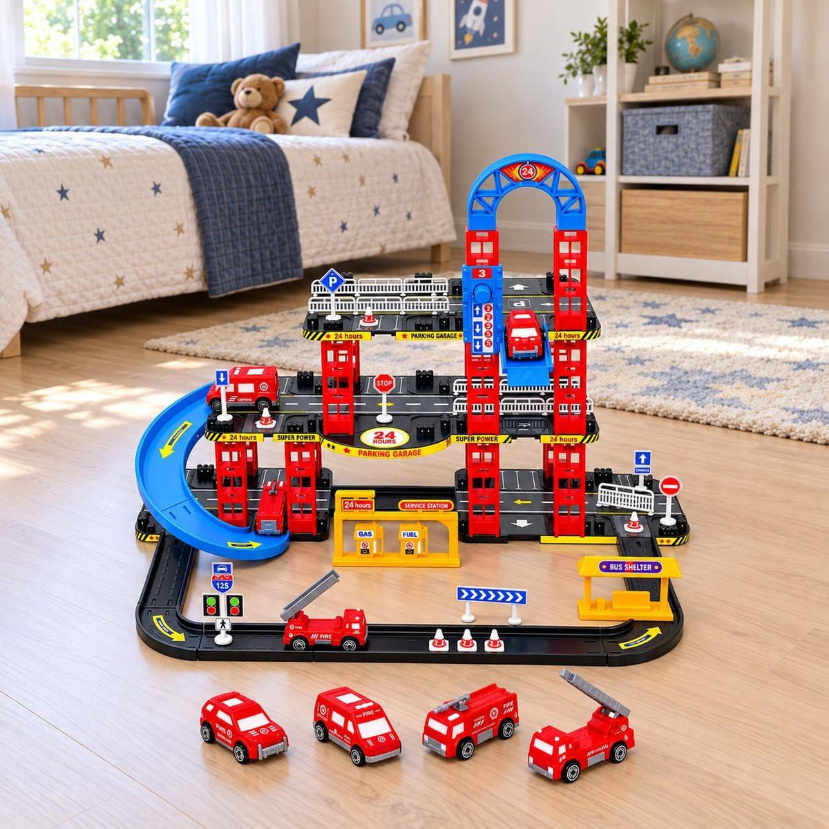 Pista De Carrinhos Bombeiros Brinquedo Infantil Corrida Vermelho