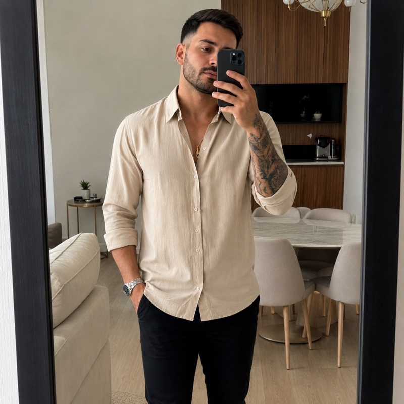 Camisa De Linho Manga Longa Viscolinho Casual Elegante Old