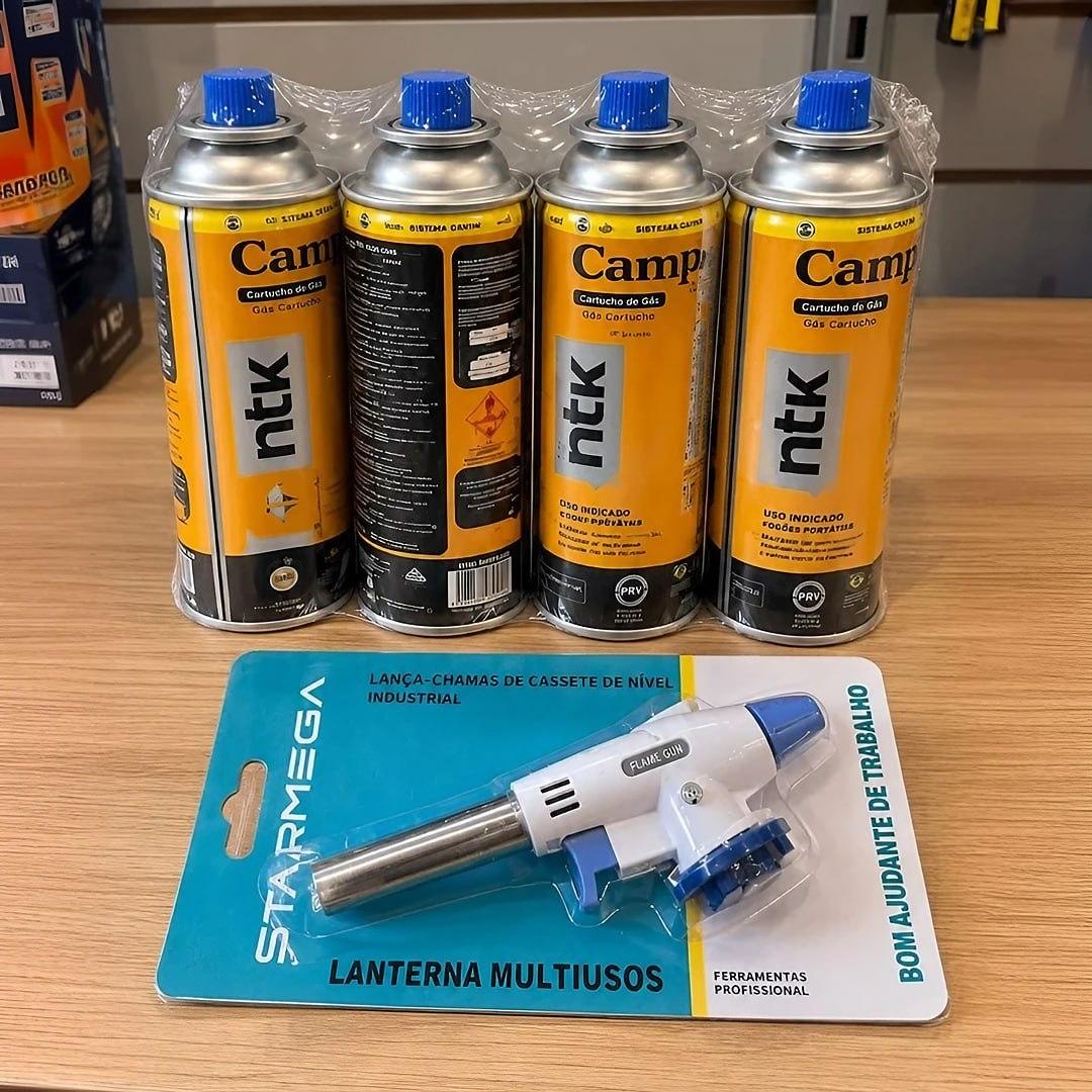 Kit Maçarico Portátil Automático Liderança Ferro E Aço para 1300°C com 4 Refis de Gás Butano