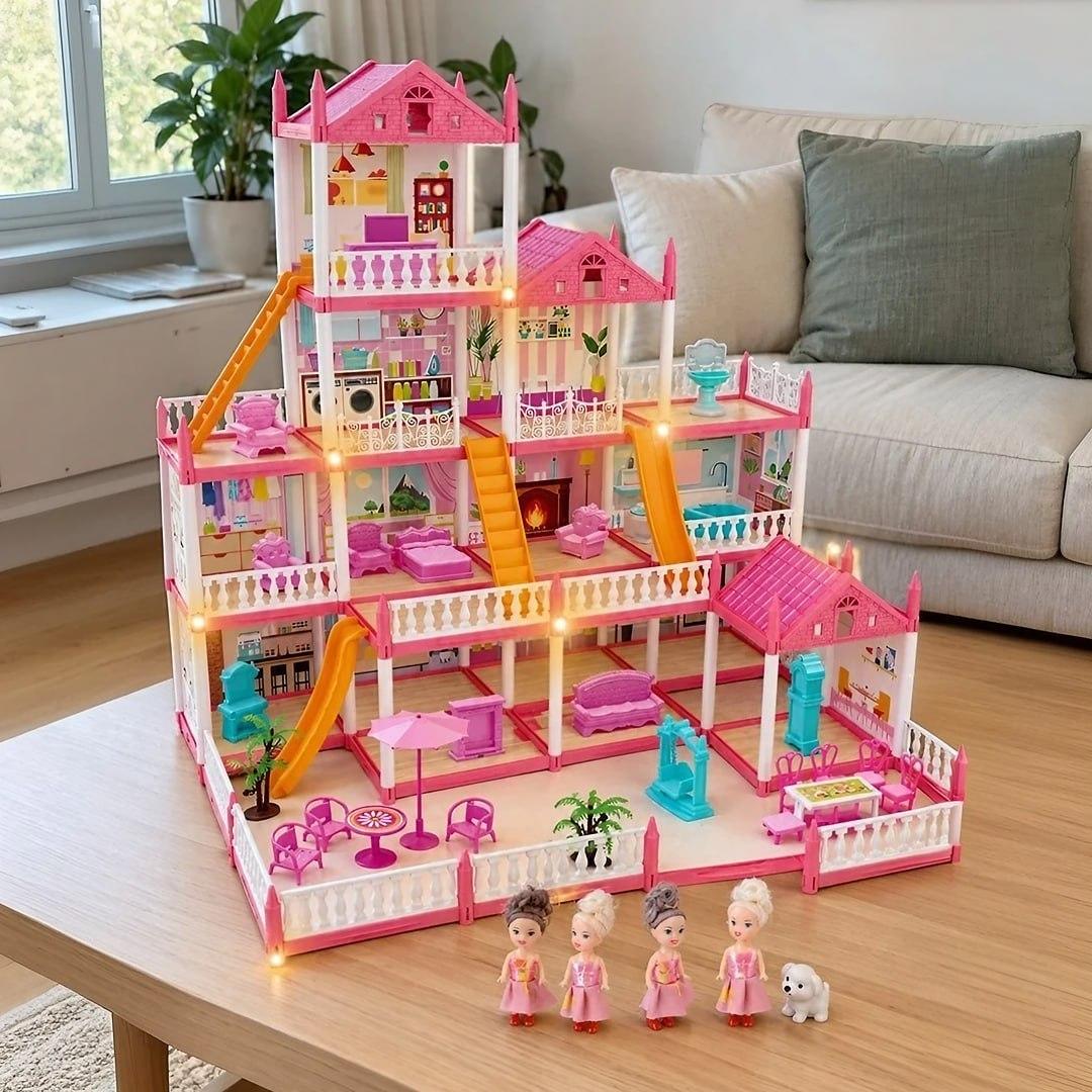 Casinha De Boneca Castelo Da Princesa 283 Pcs Rosa Com Quatro Bonecas