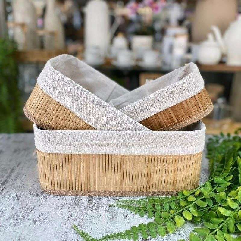 Kit 3 Cestos Organizadores De Bambu Retangulares Com Forro