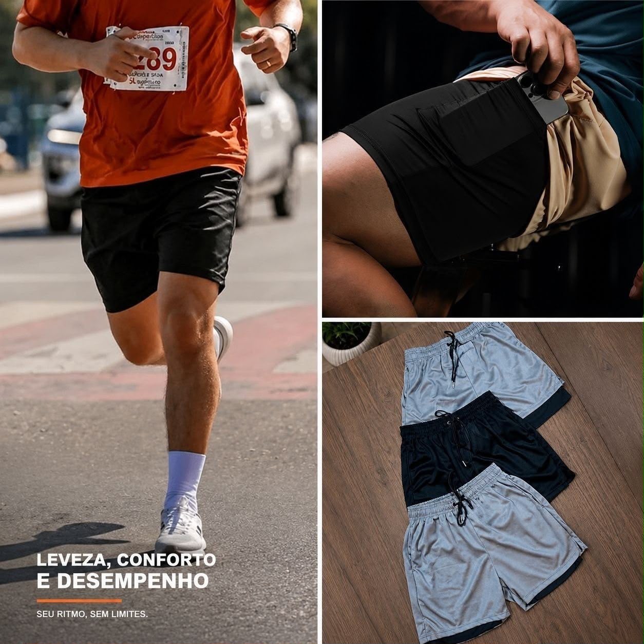 Kit 3 Shorts 2 Em 1 Masculino De Compressão Corrida Academia (M ao GG)