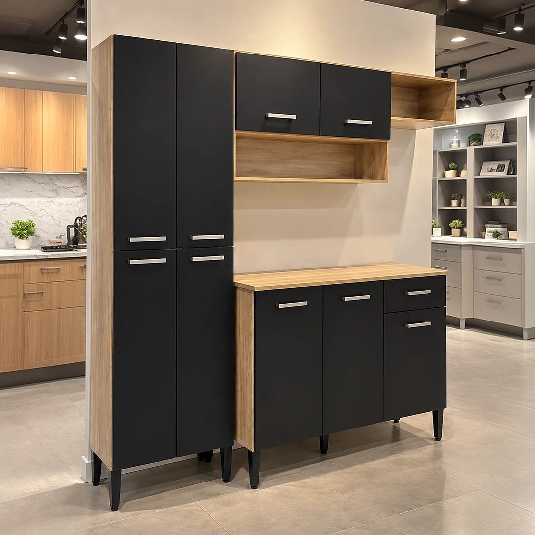 Cozinha Compacta Arizona Glam Com Armário E Balcão Carraro Cor Carvalho/Preto