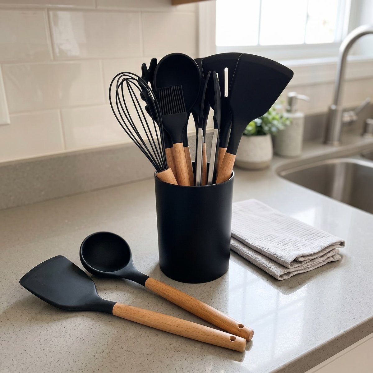 Kit Utensílios de Cozinha com Suporte Organizador