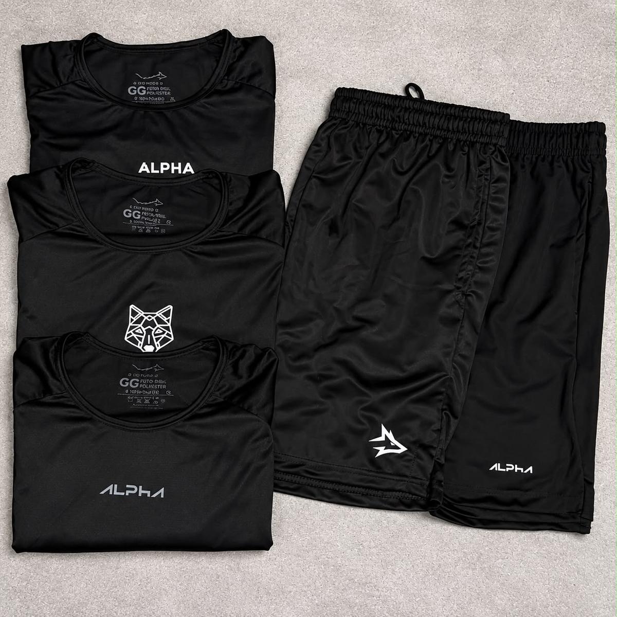 Kit 5 Peças All Black Dry Alpha 3 Camisetas e 2 Bermudas