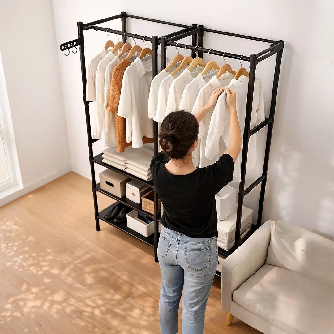 Closet Aberto IRSINA 2 Divisórias Preto com 6 Prateleiras Aço Inox
