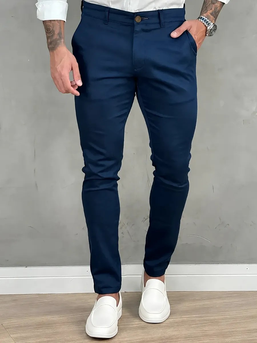Calça Masculina Sarja Premium Social Esport Fino Bolso Lycra Azul-marinho Liso 44