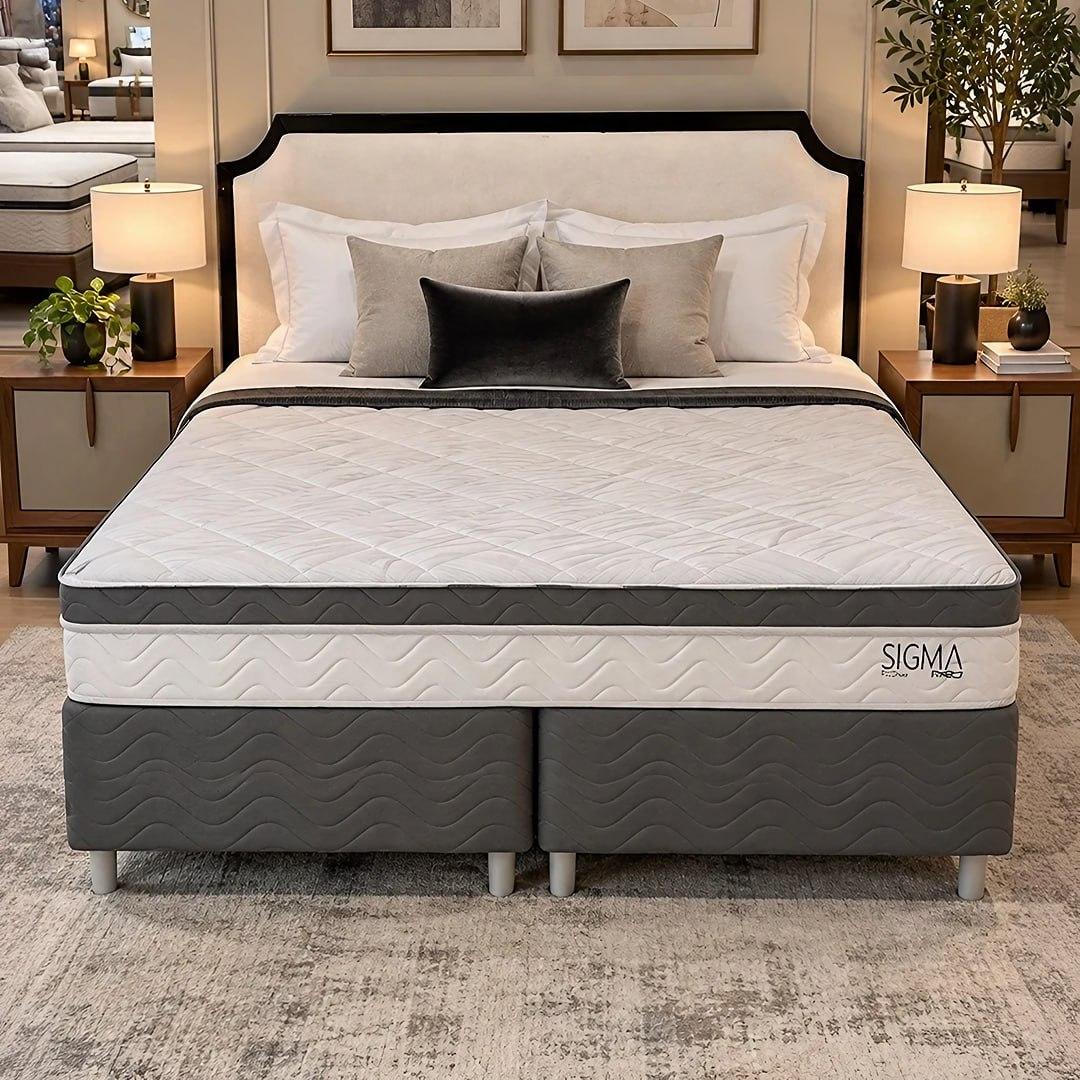 Cama Box Queen Modern Sigma Branco com Colchão Molas Ensacadas Euro Pillow