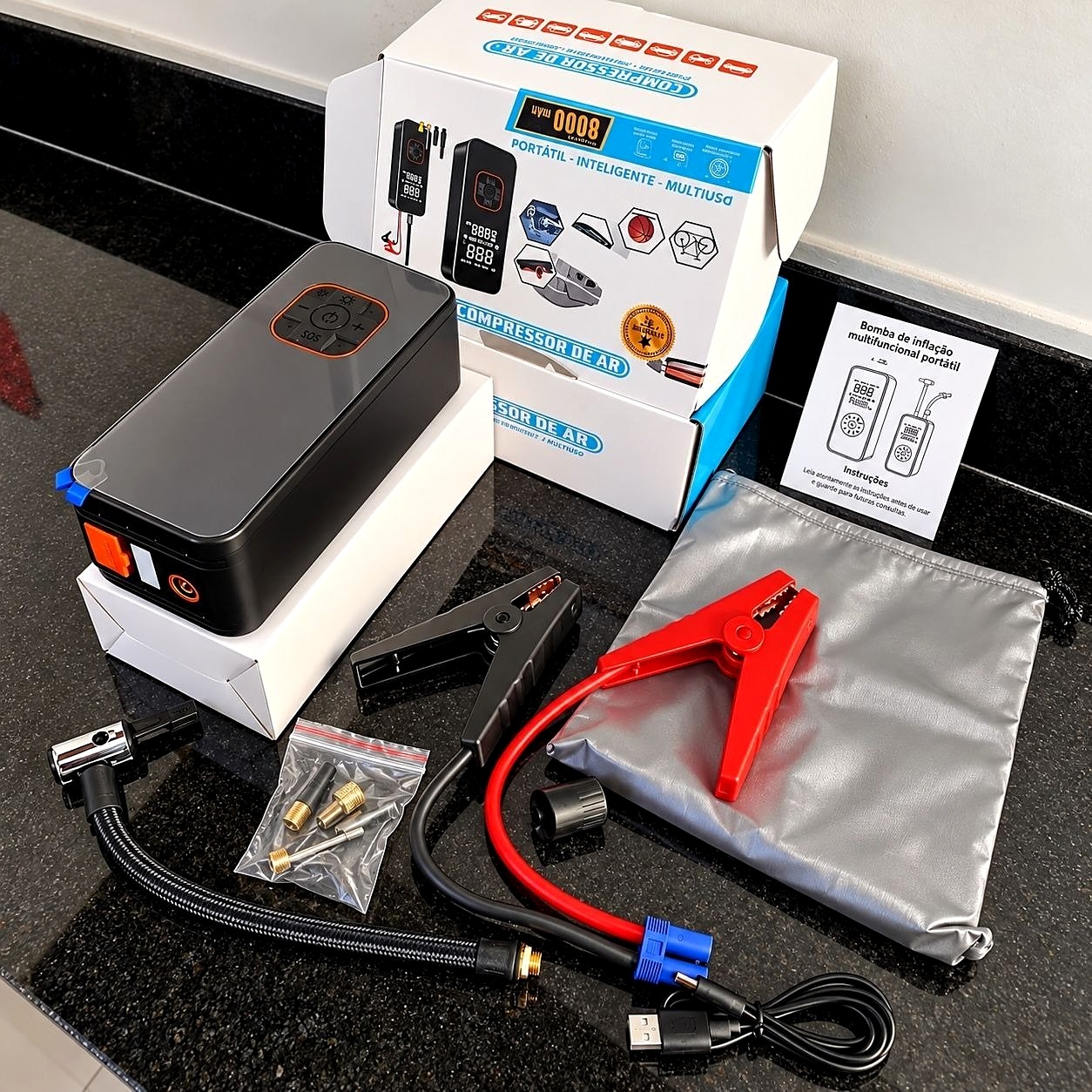🚗 Kit Compressor Ar Compacto 150 Psi + Auxiliar Partida + Powerbank