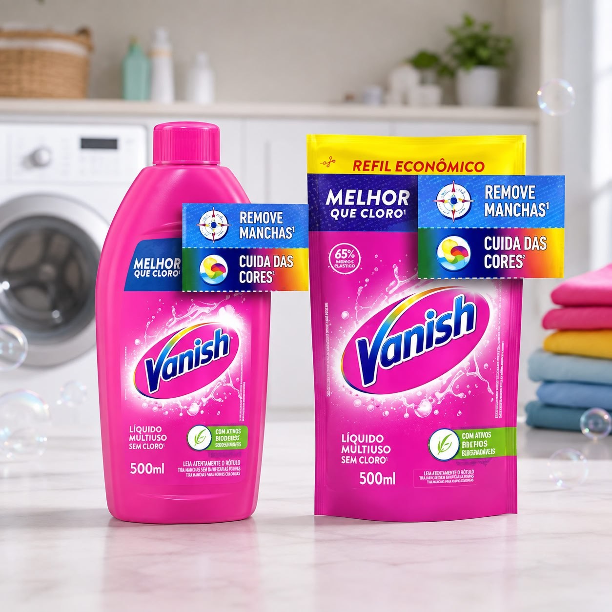 Kit Vanish Multiuso Tira Manchas Líquido para Roupas Coloridas 500ml + Refil 500ml